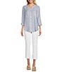 Color:Blue Stripe - Image 6 - Printed Woven Banded Collar Long Roll-Tab Sleeve Button-Front Tunic