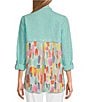 Color:Green Aqua - Image 2 - Printed Woven Linen Point Collar Long Roll Tab Sleeve Button Front Tunic