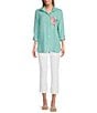 Color:Green Aqua - Image 4 - Printed Woven Linen Point Collar Long Roll Tab Sleeve Button Front Tunic