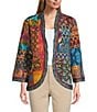 Color:Multi - Image 1 - Quilted Woven Multi Print Banded Neck Long Cuffed Sleeve Running Stitch Embroidery Open Front Jacket
