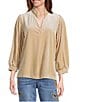John Mark Ruffle Collar Velvet 3/4 Sleeve Pullover, Color:Champagne - Image 1