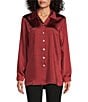 Color:Cranberry - Image 1 - Satin Woven Point Collar Long Sleeve Button Front Top