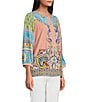 John Mark Shirring Mix Print Scoop Neck 3/4 Sleeve Top, Color:Multi - Image 3