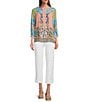 John Mark Shirring Mix Print Scoop Neck 3/4 Sleeve Top, Color:Multi - Image 5