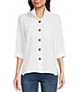 Color:White - Image 1 - Solid Woven 3/4 Sleeve Wire Collared Button Front Patch Pocket Camp Shirt