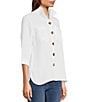 Color:White - Image 4 - Solid Woven 3/4 Sleeve Wire Collared Button Front Patch Pocket Camp Shirt