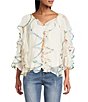 John Mark Spacedye Floral Binding V-Neck 3/4 Flounce Sleeve Ruffle Button Front Blouse - Image 1