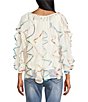John Mark Spacedye Floral Binding V-Neck 3/4 Flounce Sleeve Ruffle Button Front Blouse - Image 2