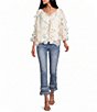 John Mark Spacedye Floral Binding V-Neck 3/4 Flounce Sleeve Ruffle Button Front Blouse - Image 3