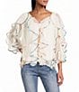 John Mark Spacedye Floral Binding V-Neck 3/4 Flounce Sleeve Ruffle Button Front Blouse - Image 1