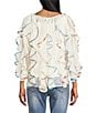 John Mark Spacedye Floral Binding V-Neck 3/4 Flounce Sleeve Ruffle Button Front Blouse - Image 2