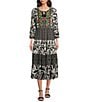 John Mark Split V-Neck 3/4 Sleeves Woven Print Dress, Color:Black/White Print - Image 1
