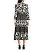 John Mark Split V-Neck 3/4 Sleeves Woven Print Dress, Color:Black/White Print - Image 2