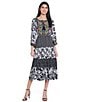 John Mark Split V-Neck 3/4 Sleeves Woven Print Dress, Color:Black/White Print - Image 4