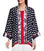 Color:Multi - Image 1 - Stars Stripe & Floral Print 3/4 Sleeve Tassel Tie Shawl Collar Open Front Statement Kimono