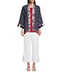 Color:Multi - Image 3 - Stars Stripe & Floral Print 3/4 Sleeve Tassel Tie Shawl Collar Open Front Statement Kimono