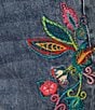 Color:Medium Denim - Image 4 - Straight Leg Fringe Hem Denim Embroidered Cropped Pull-On Jeans
