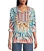 Color:Tropical Multi - Image 1 - Tie Dye Print Woven Embroidered Tie Neck Roll-Tab Sleeve Tunic