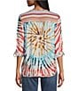 Color:Tropical Multi - Image 2 - Tie Dye Print Woven Embroidered Tie Neck Roll-Tab Sleeve Tunic