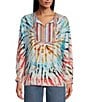 Color:Tropical Multi - Image 3 - Tie Dye Print Woven Embroidered Tie Neck Roll-Tab Sleeve Tunic
