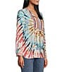 Color:Tropical Multi - Image 4 - Tie Dye Print Woven Embroidered Tie Neck Roll-Tab Sleeve Tunic