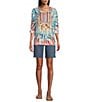Color:Tropical Multi - Image 6 - Tie Dye Print Woven Embroidered Tie Neck Roll-Tab Sleeve Tunic