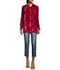 Color:Scarlet - Image 3 - Tie Dye Velvet Woven Point Collar Long Sleeve Button Front Tunic