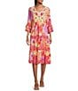 John Mark Tropical Printed V-Neck 3/4 Sleeve Tiered Midi Dress, Color:Tropical Multiple - Image 1