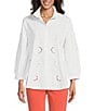 Color:White - Image 1 - Wire Collar 3/4 Sleeve Embroidered Eyelet Blouse