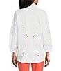 Color:White - Image 2 - Wire Collar 3/4 Sleeve Embroidered Eyelet Blouse