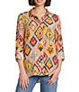 John Mark Woven Abstract Diamond Print Point Collar Long Roll-Tab Sleeve Button Front Tunic - Image 1