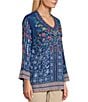 Color:Navy - Image 4 - Woven All Over Embroidered Floral Print V-Neck 3/4 Sleeve Tunic
