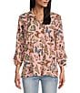 Color:Pink Print - Image 1 - Woven Butterfly Print Cinched Tie Wire Neck Long Sleeve Tunic