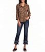 John Mark Woven Cheeta Print Wire Collar 3/4 Sleeve Button Front Blouse - Image 3