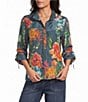 John Mark Woven Denim Multi Floral Texture Print Wire Collar 3/4 Cinched Sleeve Top - Image 1