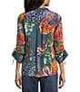 John Mark Woven Denim Multi Floral Texture Print Wire Collar 3/4 Cinched Sleeve Top - Image 2