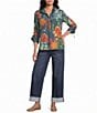 John Mark Woven Denim Multi Floral Texture Print Wire Collar 3/4 Cinched Sleeve Top - Image 3