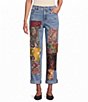 John Mark Woven Denim Multi Matched Print Beaded Patches Straight Leg Ankle Length Jeans - Image 1