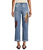 John Mark Woven Denim Multi Matched Print Beaded Patches Straight Leg Ankle Length Jeans - Image 2