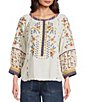 John Mark Woven Ditsy Floral Print Embroidered Scoop Neck 3/4 Sleeve Pullover Top - Image 1
