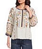 John Mark Woven Ditsy Floral Print Embroidered Scoop Neck 3/4 Sleeve Pullover Top - Image 1