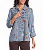 John Mark Woven Embroidered Floral And Butterfly Spread Collar Long Sleeve Blouse - Image 1