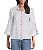 John Mark Woven Embroidered Multi Colored Circles Point Collar 3/4 Cinched Sleeve Button Front Top - Image 1