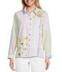 John Mark Woven Embroidered Striped Patchwork Point Collar Roll-Tab Long Sleeve Button Front Shirt - Image 1