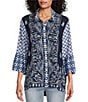 Color:Blue Print - Image 1 - Woven Embroidered Tie Dye Print Wire Collar 3/4 Sleeve Button Front Tunic