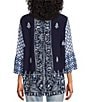 Color:Blue Print - Image 2 - Woven Embroidered Tie Dye Print Wire Collar 3/4 Sleeve Button Front Tunic