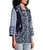 Color:Blue Print - Image 4 - Woven Embroidered Tie Dye Print Wire Collar 3/4 Sleeve Button Front Tunic