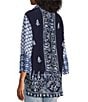 Color:Blue Print - Image 5 - Woven Embroidered Tie Dye Print Wire Collar 3/4 Sleeve Button Front Tunic