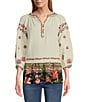 Color:Soft Stone - Image 1 - Woven Floral Border Print Split Neck 3/4 Pintuck Sleeve Embroidered Ruffle Hem Tunic