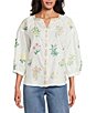 John Mark Woven Floral Embroider Y-Neck 3/4 Blouson Sleeve Top - Image 1